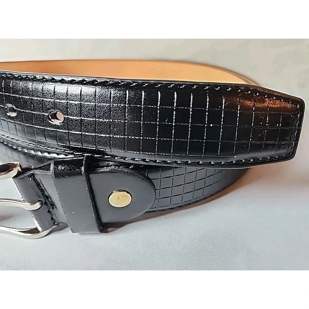 New Men's 2XL 46/48 Black‎ Grid Pattern Modern Leather Belt  Silver Buckle NWT